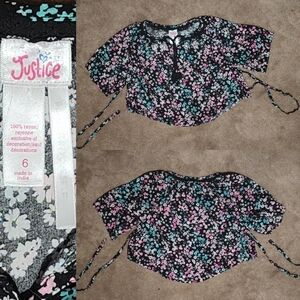 Justice Floral Loose Fit With Drawsting Tie Back Blouse Sz 6